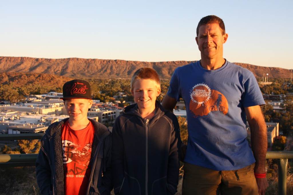 Harry, Fergus and John with the view of Alice Springs from Anzac Hill