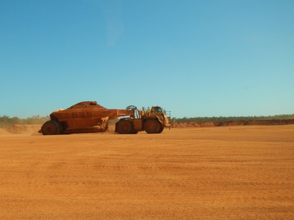 A hauling truck filled with bauxite